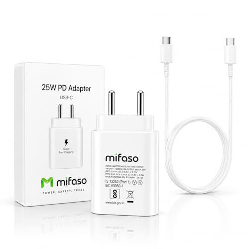 Image of Mifaso 25W USB C Fast Charger, PD 3.0 Type C Wall Adapter with Type C Cable Compatible with Samsung Galaxy A Series, M Series, F Series & Other USB-C Devices, White (Cable Included)