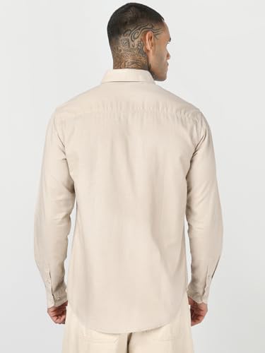Image of Bewakoof Mens Solid Regular Fit Full Sleeve Collar Cotton Linen Blend Shirt