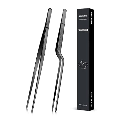 25.5CM Cooking Tweezer and Offset Tweezer Set, Tongs Precision Serrated Tips, Stainless Steel Professional Chef Tweezer Kitchen Tools for BBQ, Plating and Serving Cover