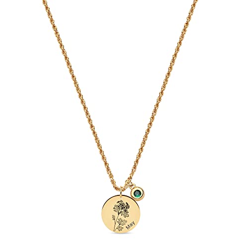 Fettero Birth Flower Necklace Gold Coin Stamp Hawthorne Pendant Birthstone Emerald Month May 18K Gold Vacuum Plated Dainty 2Mm Twist Rope Chain Simple Personalized Jewelry For Women Birthday #TOP11