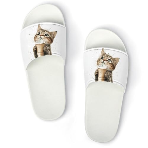 Cute Cat Drinking Tea Funny House Sandals Non Slip Shower Slippers Quick Drying Bathroom Shoes for Women Men