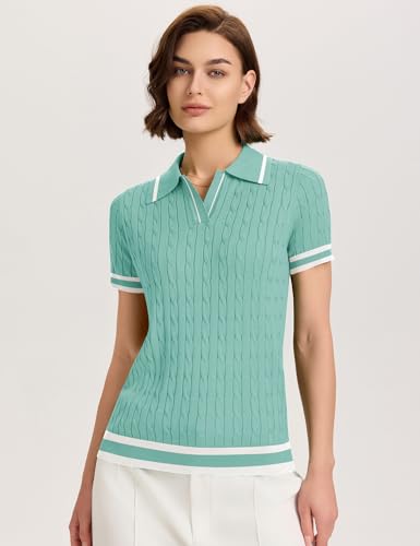 Image of Micoson Womens Short Sleeve Sweater Tops Lapel V Neck Polo Shirts 2026 Summer Cable Knit Loose Blouse Business Casual Outfits
