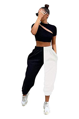 XiuLi Damenhose, Mode-Jogginghose, Schwarz-Weiß-Näh-Jogginghose, gerades Bein, Freizeithose mit hoher Taille (Color : Black and White, Size : S) Cover