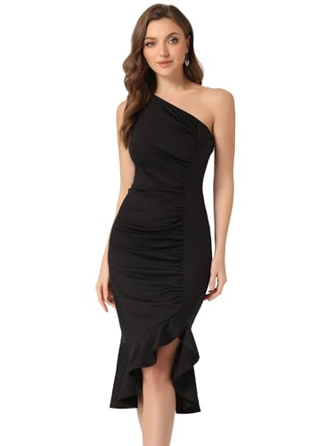 Allegra K Damen One Shoulder Kleid Ärmellos Geraffte Party Fishtail Midi Kleider, Schwarz, Klein