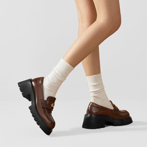 Image of BEAU TODAY Chunky Loafers Women Platform Penny Leather Lug Shoes
