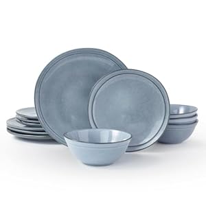 Famiware Aegean Plates and Bowls Sets, Dinnerware Set for 4, 12 Pieces Dish Set, Handmade Irregular Round Stoneware Dishware Set, Reactive Glaze Dinner Set, Blue Grey