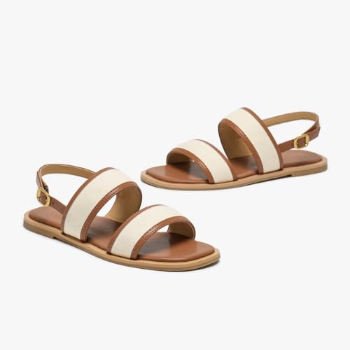Image of BEAU TODAY Flat Sandals for Women,Women's Leather Sandals with 2 Strap,Peep Toe Summer Strap Sandals for Women,Open Toe Buckle Comfortable Dress Sandals Shoes for Women