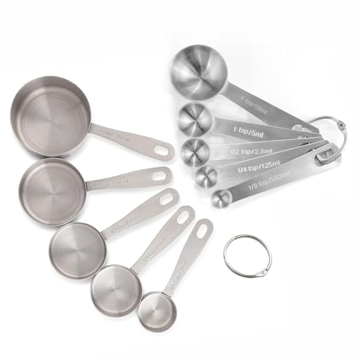 Image of Stainless Steel Measuring Cups & Spoons - 10 Piece Heavy Duty Measuring Cups & Spoons Set for Dry Foods, Spices or Liquids