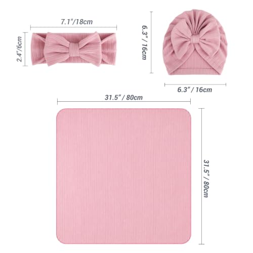 Image of DRESHOW BQUBO Baby Swaddle Blankets for Girls, 4PCS Newborn Accessories Set with Hat and Bow Headband with Hello World Wooden Birth Announcement Card, Baby Blankets for Girls