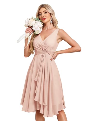 Image of Women's V Neck Short Bridesmaid Dresses 2025 Ruched Waist A Line Chiffon Formal Cocktail Party Dress