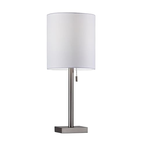 Adesso Brushed Steel Table Lamp with White Lampshade – Modern Accent Light for Bedroom, Living Room, and House Décor, 22” Tall