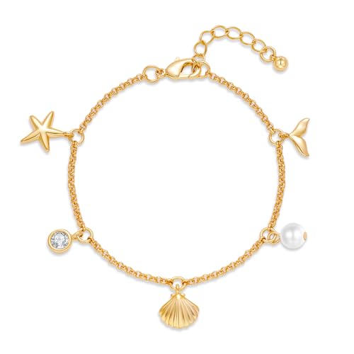 Gold Charm Bracelet for Women Boho Adjustable Shell Starfish Bracelet Summer Beach Ocean Statement Bracelets