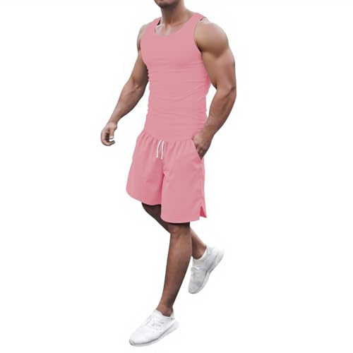 Bauzuoyo Traje deportivo corto para hombre, sin mangas, camiseta de tirantes ajustada + pantalones cortos con bolsillos, traje de verano, 2 piezas, informal, monocolor, transpirable, chándal de