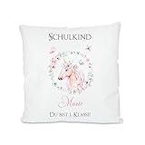 Persönliches Geschenk zur Einschulung für Mädchen - Kissen "Du bist 1. Klasse" mit Name des Schulkindes und niedlichem Einhorn