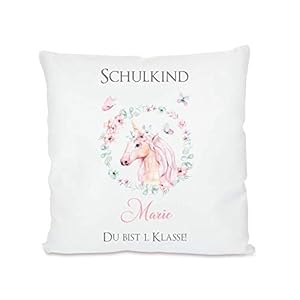 Persönliches Geschenk zur Einschulung für Mädchen – Kissen“Du bist 1. Klasse“ mit Name des Schulkindes und niedlichem Einhorn