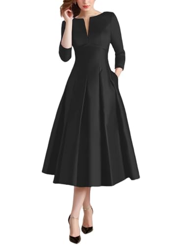 Satin Wedding Guest Dresses for Women Tea Length Mother of The Bride Dress A Line 3/4 Sleeves Evening Gown