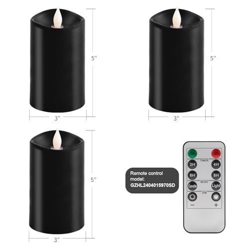 Image of 3x5 Flickering Flameless Candles Set of 3, 2AA Battery Life 600 Hours Battery Candles Flickering with Timer,5 inch Flameless Candles with Remote for Indoor /Outdoor, Black