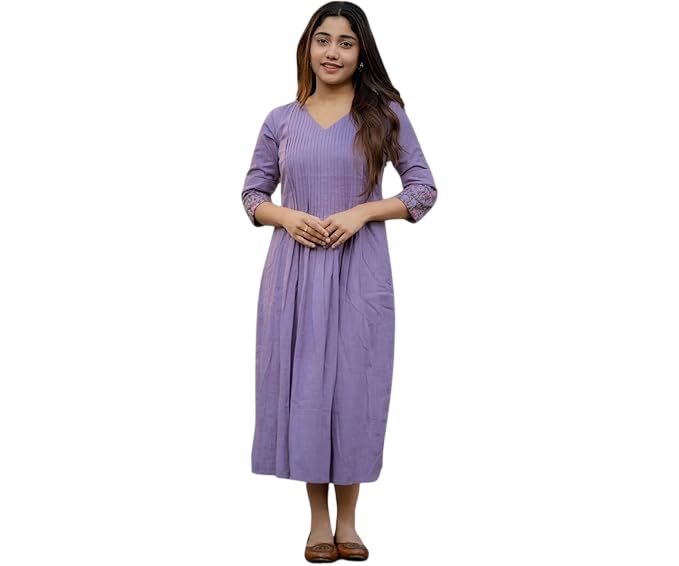 Women’s Floral Printed Cotton Anarkali Gown with V-Neck & 3/4 Sleeves | A-Line Kurta Flared Long Dress for Festive & Casual Wear-image-30
