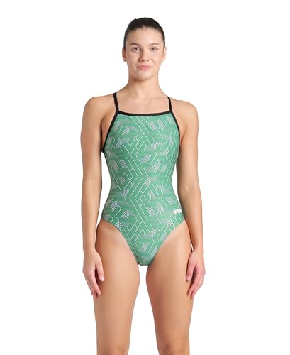 ARENA Women's Escape Team Print MaxLife Swimsuit Light Drop Back One Piece Ladies Bathing Suit Competition Training Athletic Swimwear, Black/Team Green, US Size 38