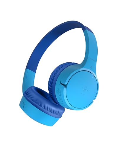 Belkin SoundForm Mini kabelloser Kinderkopfhörer mit integriertem Mikrofon und lustigen Aufklebern, 30 Std. Wiedergabe – Over-Ear-Kopfhörer für Unterricht, Ferien, iPhone, iPad, Galaxy – Blau