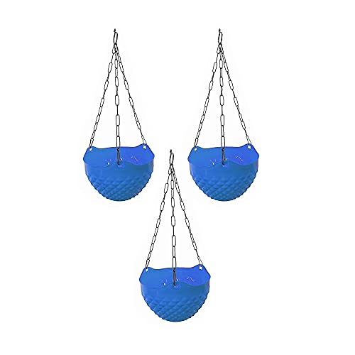 Go Hooked Round Crystal Plastic Flower Hanging Planter with Metal Hanging Chain/Beautiful Hanging Flower Pots for Home Garden Balcony (Blue)(Pack of 3)