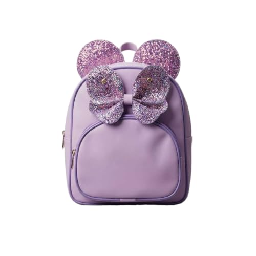 Mochila Infantil Feminina com Laço e Detalhes de Orelhas em Napa Impermeável para Uso Escolar Diário(Roxo)