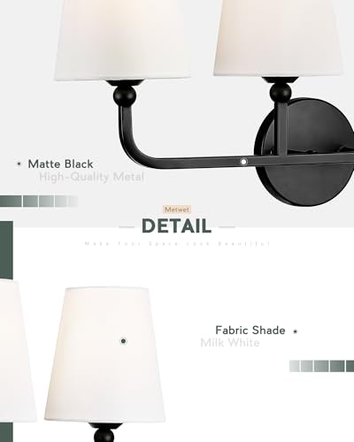 Image of 2-Light Bathroom Vanity Light Fixtures in Matte Black Finish, Modern Bedside Wall Sconces with Flared White Fabric Shade for Bathroom, Hallway, Living Room, Kitchen, VL837-MB-2