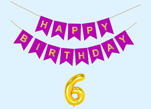 Image of 6th Happy Birthday Decoration Kit Purple for 6 year Old Boys Girls Kids with Number Six Party Decorations Decor Celebration Items Item Set Combo Reusable Paper Banner