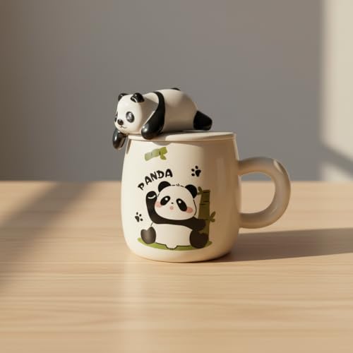 Image of ZAICUS Cute Panda Ceramic Coffee Mug with Lid & Spoon - Tea Cup for Kids & Adults, Milk Mug for Home & Office, Gift for Kids Girls Boys - 450ML