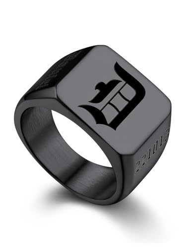 Bandmax Custom Signet Letter Stainless Steel/14K Gold Plated Black Initial Ring for Men Personalized Engraved Name Ring Gift for Father Husband Son Friend