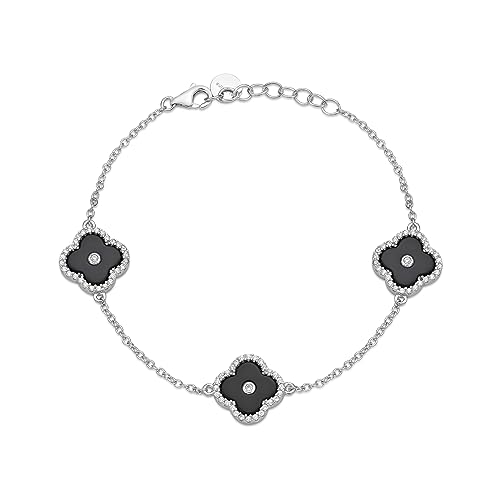 Lavari Jewelers Flower Bracelet for Women - Black Onyx Mother of Pearl Malachite & Cubic Zirconia in 925 Sterling Silver - Hypoallergenic Gold Plated - Adjustable Halo Clover Bracelet - Lobster Claw