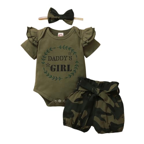 Image of RUKOSU Baby Girl Clothes Ruffle Sleeve Romper Shorts Set with Headband 3PCS Cute Infant Newborn Cotton Summer Outfits Sets Camouflage Green 0-3 Months