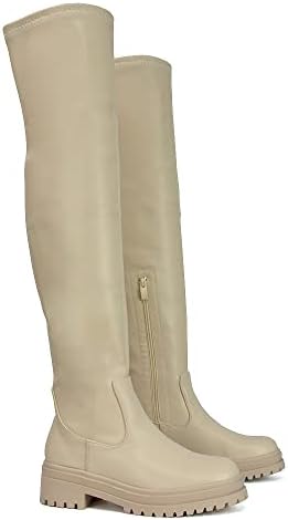 Womens Over The Knee Boots Ladies Chunky Sole Stretch Upper Thigh High Biker Long Shoes (10, Beige Synthetic Leather, Numeric_10) | Image 1