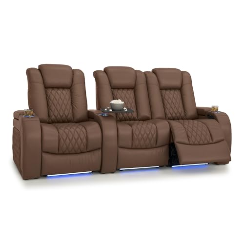 Image of Seatcraft Diamante Tobacco Italian Leather Home Theater Seating, Zero Gravity Power Recliner Gaming and Home Office Chair Powered Headrest Lounge Sofa Furniture Cinema Room, Row of 3 Right Loveseats