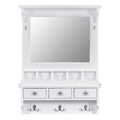 A Floating Vanity with a Large Mirror, a Wall-Mounted Storage Vanity with Drawers, Pockets, and Hooks, Serving as a Decorative Home Storage Tool.