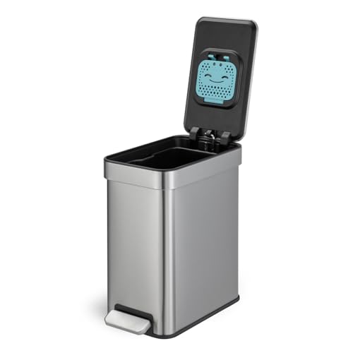 Home Zone Living 3 Gallon Small Trash Can with a Lid and Step Pedal, CleanAura, Odor Control, Stainless Steel with Slim Design for Home and Office, Silver, 10 Liters