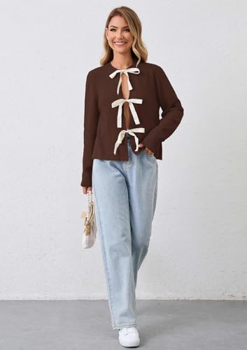 Image of calbatic Women Long Sleeve Bow Tie Front Cardigan Sweater Open Front Knit Pullover Tops Casual 2024 Fall Winter Brown