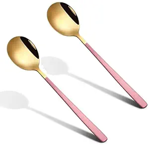 Oicia Stainless Steel Long Handled Spoons Set of 2, Dinner Round Spoons, Rice Spoon, Soup Spoon for Home, Kitchen, or Restaurant (8.20Inch) (Pink-Gold 8.20 Inch, 2)