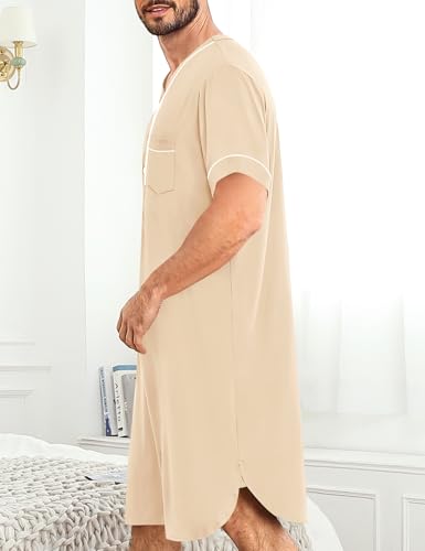Image of SWOMOG Mens Nightgown Short Sleeve Lounge, Sleep Henley Shirt Pajama Big & Tall Nightshirt Comfy Nightwear M-3XL