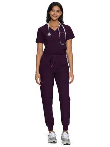 floralhue Scrubs for Women Womens Medical Scrub Sets V-Neck Scrubs Top & Cargo Pants with 12 Pockets Dark Purple M
