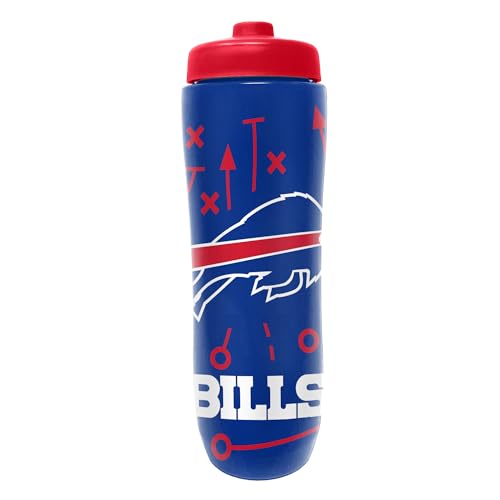 Image of Party Animal NFL Football Squeeze Bottle, 32 oz, Buffalo Bills | Slim, lightweight BPA-free sports water bottle with quick-flow squeeze; fits backpacks & cup holders for kids or adults