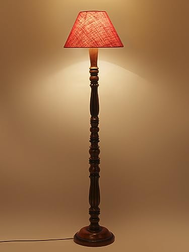 Image of Pink Jute Shade Wooden Floor Lamp with Wooden Base, Height - 53 Inches | Contemporary Standing Lamp for Living Room, Bedroom & Office | Elegant Lighting for Stylish Home Interiors