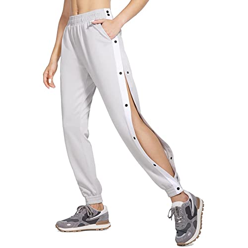 Women's Sporty High Split Side Striped Joggers Snap Button Track Pants Snap Closure Wide Leg Trousers (Grey, Medium) #TOP1