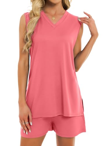 VUTRU Womens Short Set 2 Piece Summer Outfits Matching V Neck Tank Top and Shorts with Pockets Lounge Beach Vacation Casual Light Pink XL