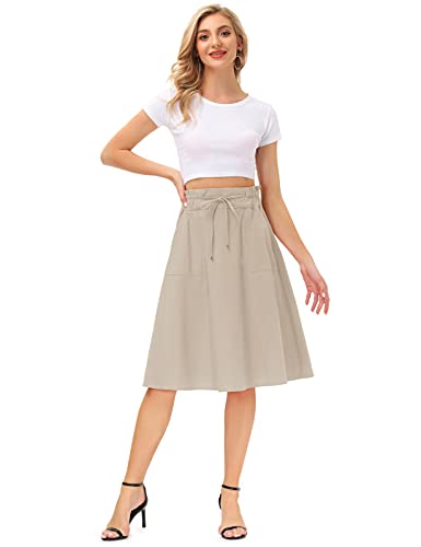 Khaki Skirt for Women High Waist Flared Midi Skirt Ruffle Pleated A-Line Swing Skirt with Pockets S