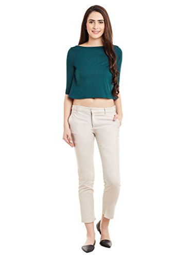 Image of Miss Chase Women's Green Half Sleeves Boat Neck With Scoob Back Button Deatiling Solid Crop Top