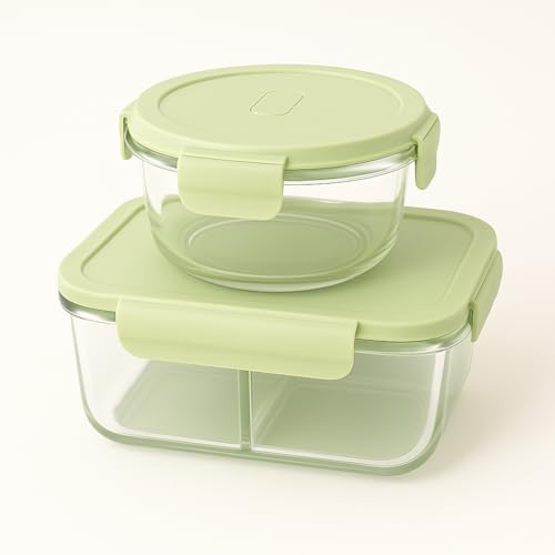 Image of Borosilicate Lunch Box Set of Airtight & Leak-Proof Tiffin Box for Office, School, Men & Women (Light Blue Colour) (Light Green, 580 and 400 ml)