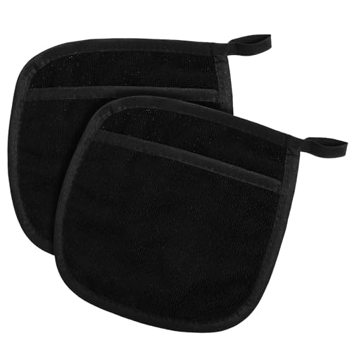WLLHYF 2 Pack Pot Holders with Pockets Kitchen Heat Resistant Machine Washable Square Oven Mitts Terry Cloth Holder Set 8.26 × 7.48 Inches for Baking Cooking(Black)