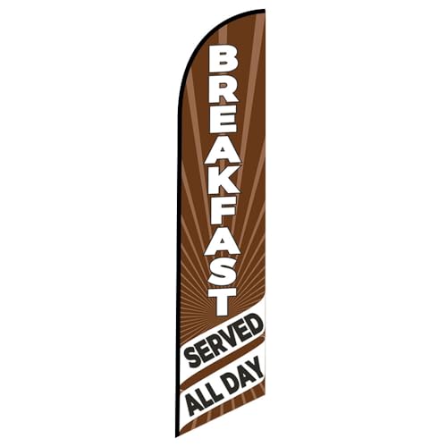 Breakfast Served All Day (Brown/White) Swooper Feather Flag for Restaurant or Cafe Advertising Sign Feather Flag Banner with Complete Pole Kit and Ground Stake