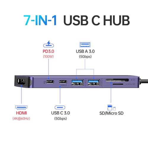 Image of USB C Hub HDMI Adapter for MacBook Pro /Air, 7 in 1 USBC Dongle with HDMI, microSD /SD Card Reader, USB C Data Port,100W PD, and 2 USB 3.0 Compatible for MacBook Pro /Air, Dell XPS, Lenovo Thinkpad.